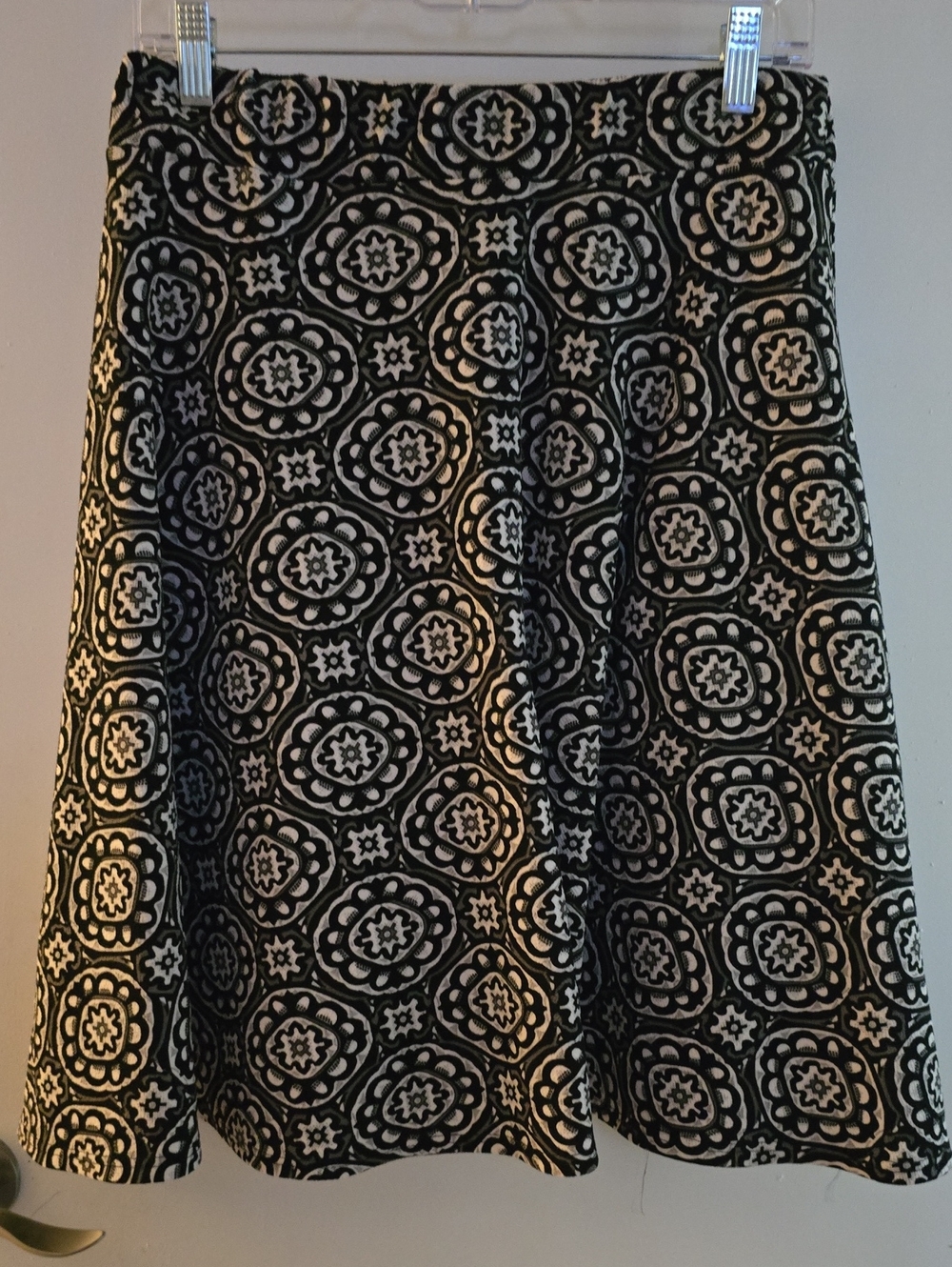 Women's Black and Cream Patterned A-Line Skirt - Classic Floral Medallion
